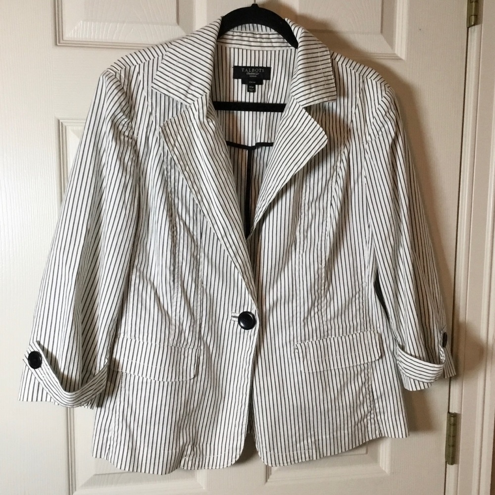 Talbots White & Gray Striped 3/4 Sleeve One Button Jacket - 14W